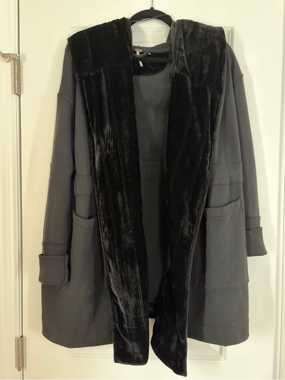 Free People Black Teddy Jacket with Plush Hooded Trim